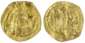 Kaiserreich
Mauricius Tiberius, 582-602
Solidus 584/602, Constantinopel, 4. Offizin. 4,24 g. sehr schön, gewellt, Schlagspuren. Sear 481.
