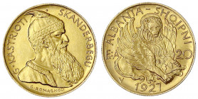 Albanien
Republik, 1912-1928
20 Franka Ari 1927. 6,45 g. 900/1000. fast Stempelglanz, Prachtexemplar. Schön 11. Krause/Mishler 12.