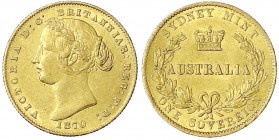 Australien
Victoria, 1837-1901
Sovereign 1870 mit AUSTRALIA. 7,99 g. 917/1000. vorzüglich/Stempelglanz, selten in dieser Erhaltung. Krause/Mishler 4...