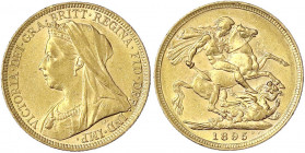 Australien
Victoria, 1837-1901
Sovereign 1895 M, Melbourne. 7,98 g. 917/1000. gutes vorzüglich. Spink. 3875.