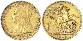 Australien
Victoria, 1837-1901
Sovereign 1897 M, Melbourne. 7,98 g. 917/1000. sehr schön. Spink. 3875.