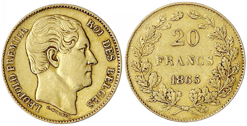 Belgien
Leopold I., 1831-1865
20 Francs 1865. L. WIENER. 6,45 g. 900/1000. seh...