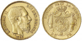 Belgien
Leopold II., 1865-1909
20 Francs 1868. 6,45 g. 900/1000. vorzüglich/Stempelglanz. Krause/Mishler 32.