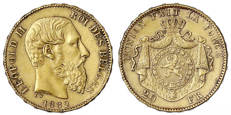 Belgien
Leopold II., 1865-1909
20 Francs 1882. Besseres Jahr. 6,45 g. 900/1000...