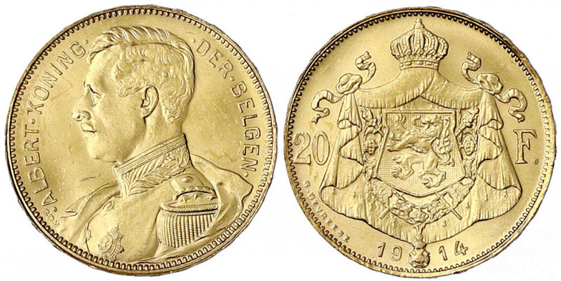 Belgien
Albert, 1909-1934
20 Francs 1914. Mit flämischer Legende. 6,45 g. 900/...