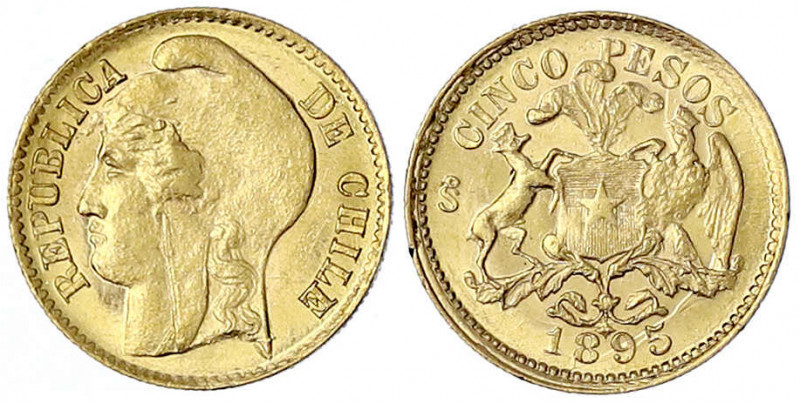 Chile
Republik, seit 1818
5 Pesos 1895. 3,00 g. 917/1000. Interessante Lichten...