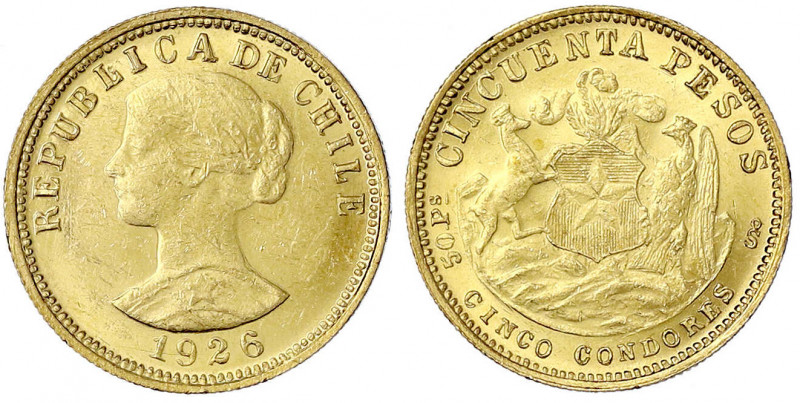 Chile
Republik, seit 1818
50 Pesos 1926. 10,17 g. 900/1000. vorzüglich/Stempel...
