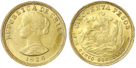 Chile
Republik, seit 1818
50 Pesos 1926. 10,17 g. 900/1000. vorzüglich/Stempelglanz, kl. Kratzer. Krause/Mishler 169.