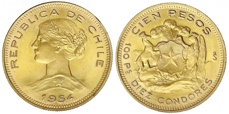 Chile
Republik, seit 1818
100 Pesos (10 Condores) 1954. 20,34 g. 900/1000. fas...