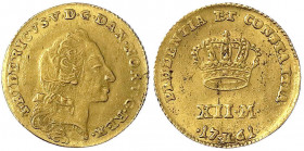 Dänemark
Frederik V. 1746-1766
Kurant-Dukat (12 Mark) 1761, Kopenhagen. 3,12 g. vorzüglich/Stempelglanz. Hede 22. Friedberg 269.