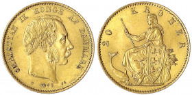 Dänemark
Christian IX., 1863-1906
20 Kronen 1873 CS. 8,96 g. 900/1000. vorzüglich/Stempelglanz. Friedberg 295. Hede 8 A.