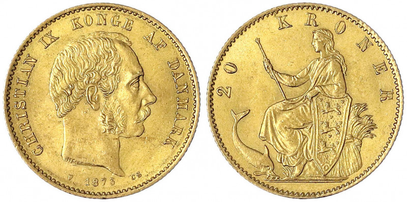 Dänemark
Christian IX., 1863-1906
20 Kronen 1873 CS. 8,96 g. 900/1000. vorzügl...