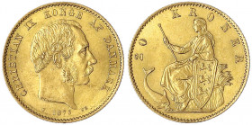 Dänemark
Christian IX., 1863-1906
20 Kronen 1873 CS. 8,96 g. 900/1000. vorzüglich, kl. Randfehler. Friedberg 295. Hede 8 A.