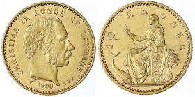 Dänemark
Christian IX., 1863-1906
10 Kronen 1900 VBP. 4,48 g. 900/1000. vorzüglich. Friedberg 296. Hede 9B.