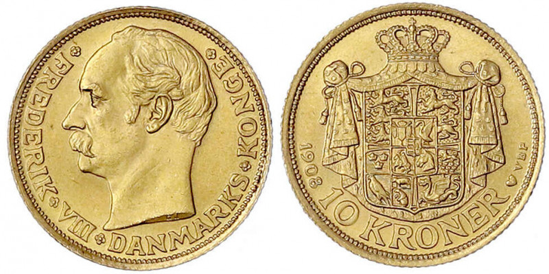 Dänemark
Frederik VIII., 1906-1912
10 Kronen 1908. 4,48 g. 900/1000. fast Stem...