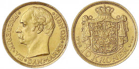Dänemark
Frederik VIII., 1906-1912
10 Kronen 1908. 4,48 g. 900/1000. fast Stempelglanz. Friedberg 298. Hede 2.