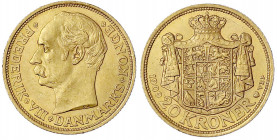 Dänemark
Frederik VIII., 1906-1912
20 Kronen 1909. 8,96 g. 900/1000. vorzüglich/Stempelglanz. Friedberg 297. Hede 1.