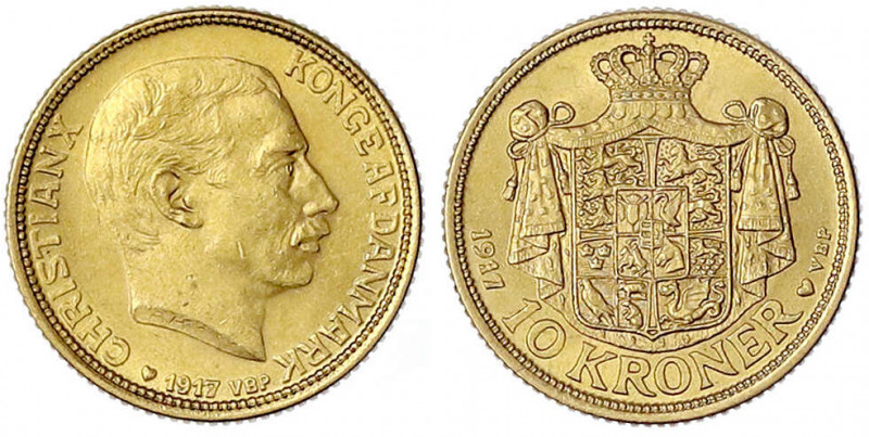 Dänemark
Christian X., 1912-1947
10 Kronen 1917 VBP. 4,48 g. 900/1000. vorzügl...