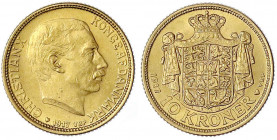 Dänemark
Christian X., 1912-1947
10 Kronen 1917 VBP. 4,48 g. 900/1000. vorzüglich/Stempelglanz. Hede 2. Sieg 3.