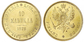 Finnland
Alexander II., 1855-1881
10 Markkaa 1878. 3,23 g. 900/1000. vorzüglich/Stempelglanz. Bitkin 614 (R). Krause/Mishler 8.1.