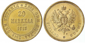 Finnland
Nikolaus II., 1894-1917
20 Markkaa 1913 S. 6,45 g. 900/1000. vorzüglich/Stempelglanz, kl. Kratzer. Bitkin 391. Krause/Mishler 9.2.