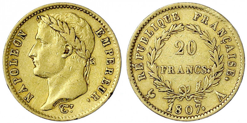Frankreich
Napoleon I., 1804-1814/15
20 Francs 1807 A, Paris. Kopf mit Lorbeer...