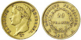 Frankreich
Napoleon I., 1804-1814/15
20 Francs 1807 A, Paris. Kopf mit Lorbeerkranz. 6,45 g. 900/1000. sehr schön. Krause/Mishler 687.1. Friedberg 4...