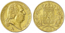 Frankreich
Ludwig XVIII., 1814/1815-1824
20 Francs 1819 A, Paris. 6,45 g. 900/1000. sehr schön. Krause/Mishler 712.1.