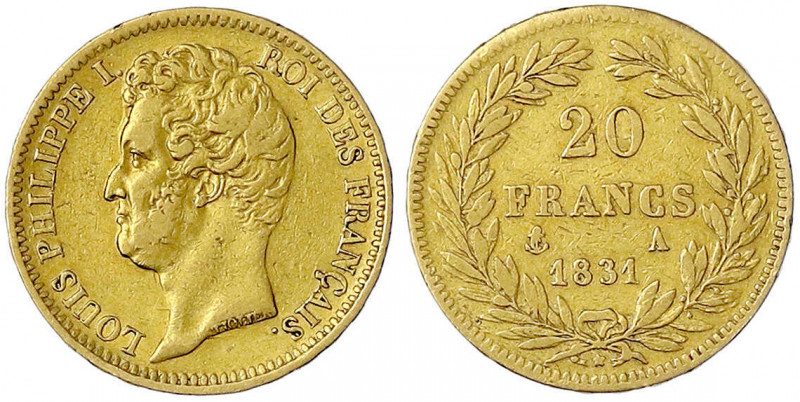 Frankreich
Louis Philippe I., 1830-1848
20 Francs 1831 A, Paris. Erhabene Rand...