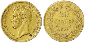 Frankreich
Louis Philippe I., 1830-1848
20 Francs 1831 A, Paris. Erhabene Randschrift. 6,45 g. 900/1000 sehr schön, min. Randfehler. Krause/Mishler ...