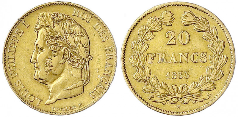 Frankreich
Louis Philippe I., 1830-1848
20 Francs 1833 A, Paris. 6,45 g. 900/1...