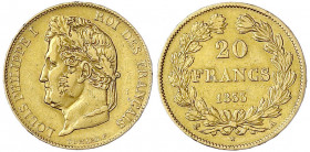 Frankreich
Louis Philippe I., 1830-1848
20 Francs 1833 A, Paris. 6,45 g. 900/1000. gutes sehr schön. Krause/Mishler 750.1.