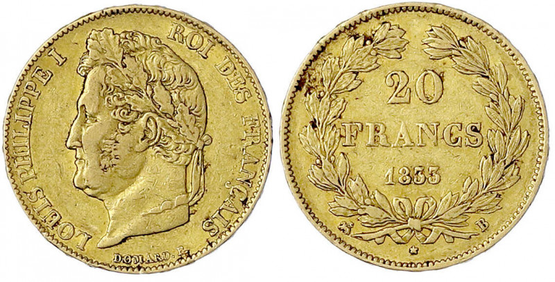 Frankreich
Louis Philippe I., 1830-1848
20 Francs 1833 B, Rouen. 6,45 g. 900/1...