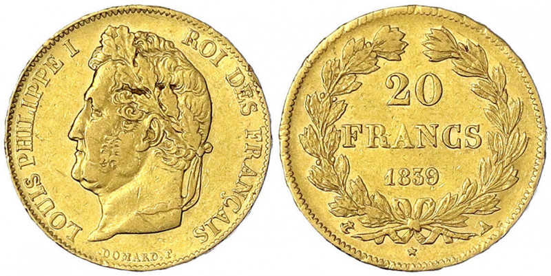 Frankreich
Louis Philippe I., 1830-1848
20 Francs 1839 A, Paris. 6,45 g. 900/1...