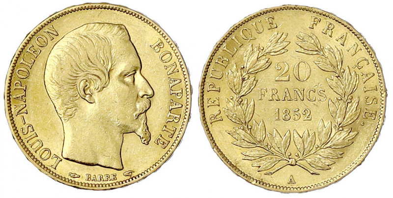 Frankreich
Napoleon III., 1852-1870
20 Francs 1852 A, Paris. Einzeltyp. 6,45 g...