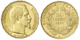 Frankreich
Napoleon III., 1852-1870
20 Francs 1852 A, Paris. Einzeltyp. 6,45 g. 900/1000. gutes vorzüglich. Krause/Mishler 774. Friedberg 568.