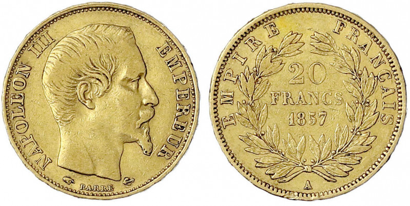 Frankreich
Napoleon III., 1852-1870
20 Francs 1857 A, Paris. 6,45 g. 900/1000....