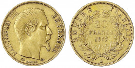 Frankreich
Napoleon III., 1852-1870
20 Francs 1857 A, Paris. 6,45 g. 900/1000. sehr schön. Krause/Mishler 781.1. Friedberg 573.