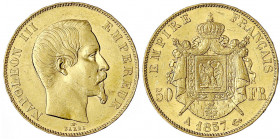 Frankreich
Napoleon III., 1852-1870
50 Francs 1857 A, Paris. 16,13 g. 900/1000. vorzüglich, kl. Kratzer. Krause/Mishler 785.1. Friedberg 571.
