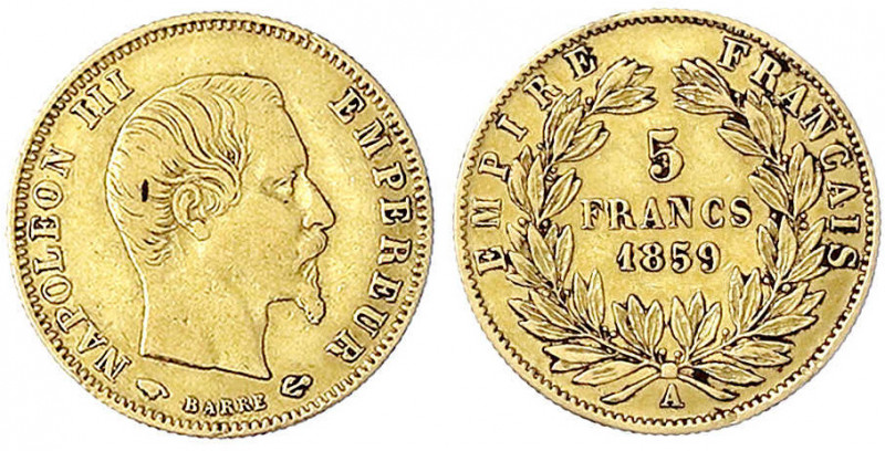 Frankreich
Napoleon III., 1852-1870
5 Francs 1859 A, Paris. 1,63 g. 900/1000. ...