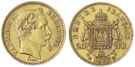 Frankreich
Napoleon III., 1852-1870
20 Francs 1862 BB, Straßburg. 6,45 g. 900/1000. gutes vorzüglich. Krause/Mishler 801.2.