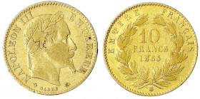 Frankreich
Napoleon III., 1852-1870
10 Francs Kopf mit Lorbeerkranz 1865 BB, Straßburg. 3,23 g. 900/1000. sehr schön. Krause/Mishler 800.2.