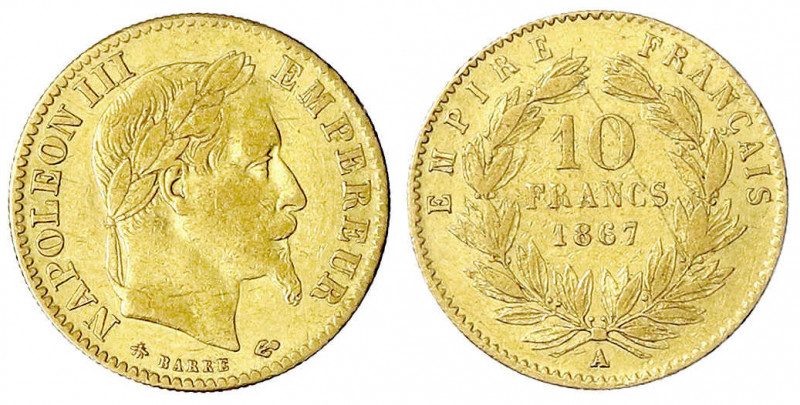Frankreich
Napoleon III., 1852-1870
10 Francs Kopf mit Lorbeerkranz 1867 A, Pa...