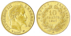 Frankreich
Napoleon III., 1852-1870
10 Francs Kopf mit Lorbeerkranz 1867 A, Paris. 3,23 g. 900/1000. sehr schön. Krause/Mishler 800.2.