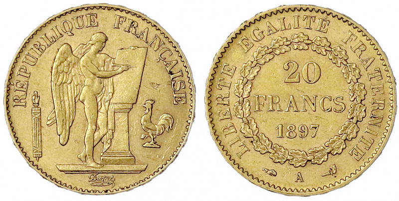 Frankreich
Dritte Republik, 1871-1940
20 Francs stehender Genius 1897 A, Paris...