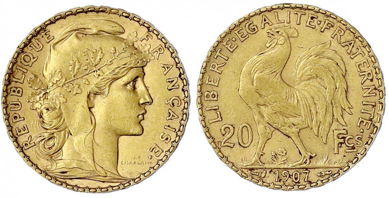 Frankreich
Dritte Republik, 1871-1940
20 Francs Hahn 1907. 6,45 g. 900/1000. v...