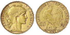 Frankreich
Dritte Republik, 1871-1940
20 Francs Hahn 1907. 6,45 g. 900/1000. vorzüglich. Friedberg 596a. Krause/Mishler 857.