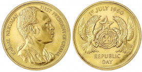 Ghana
Republik, seit 1958
(2 Pounds) 1960. Tag der Republik. 15,98 g. 917/1000 BU, selten. Krause/Mishler M5.