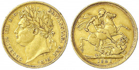 Grossbritannien
George IV., 1820-1830
Sovereign 1821. Drachentöter. 7,88 g. 917/1000. sehr schön, kl. Randfehler. Seaby 3800.