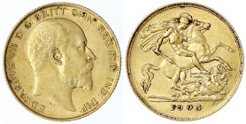 Grossbritannien
Edward VII., 1902-1910
1/2 Sovereign: 1904. 3,99 g. 917/1000. vorzüglich. Seaby 3974.